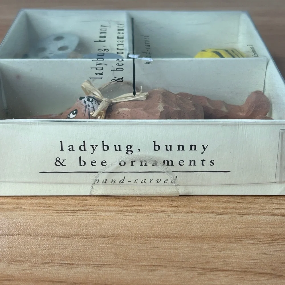 Ladybug Bunny and Bee Ornaments Pier 1 Imports Hand Carved Wood Artsy Rustic